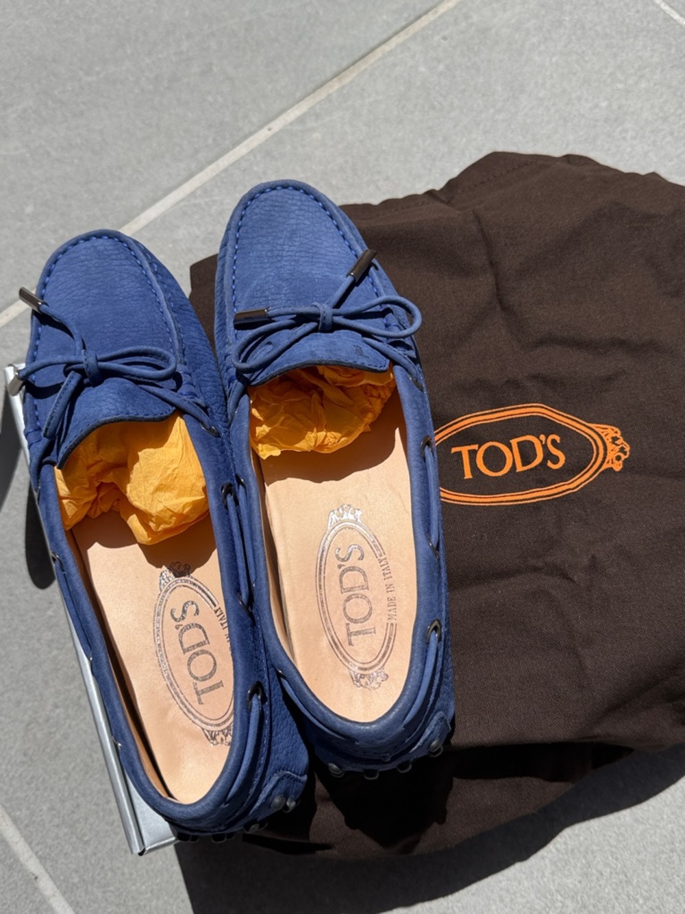 Tod's Blue Suede Moccasins with Orange Accents